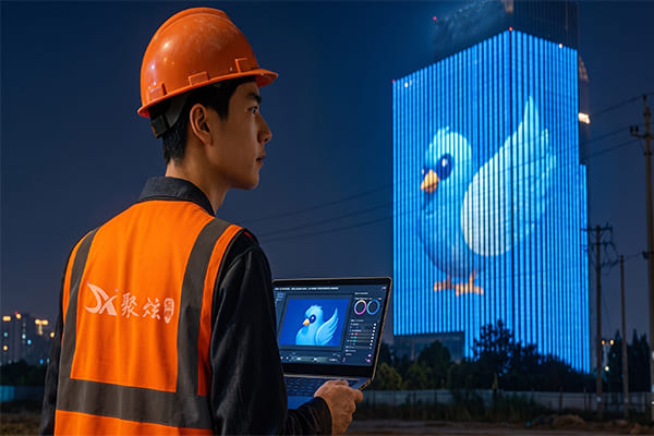 A technician commissioning a DMX lighting control system